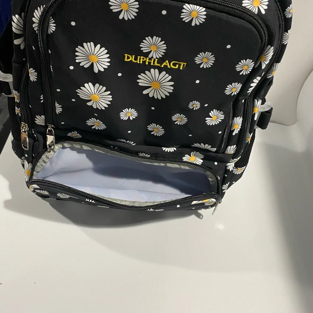 Black Daisy‎ Print Backpack with Lunch Box